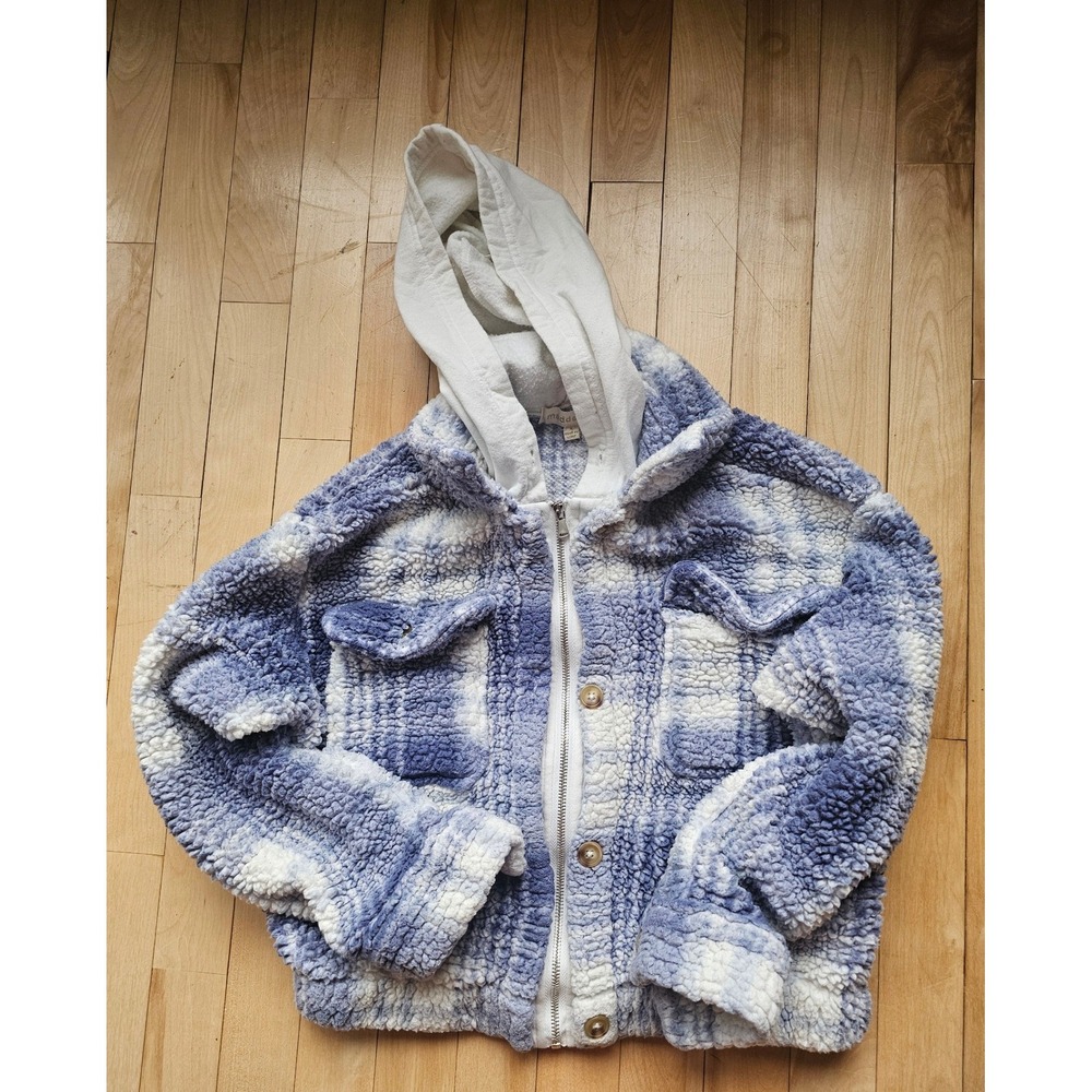 Madden Girl Blue White Plaid Sherpa Zip Up Hooded Shacket Jacket Small